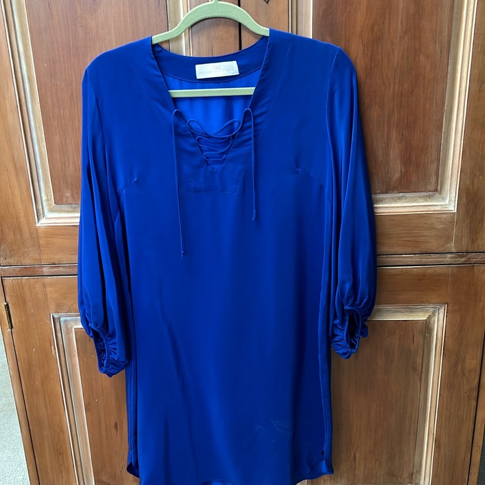 Amanda Uprichard Nora V Neck Lace Up Silk Dress Ultramarine Blue Size L